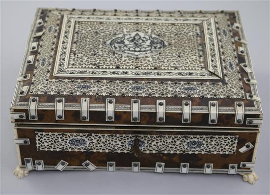 An early 20th century Indian ivory mounted tortoiseshell jewellery casket, 10.5in.